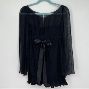 R.E.D. Valentino Floral Lace Sheer Long Sleeves Satin Bow Tie Mini Dress Black